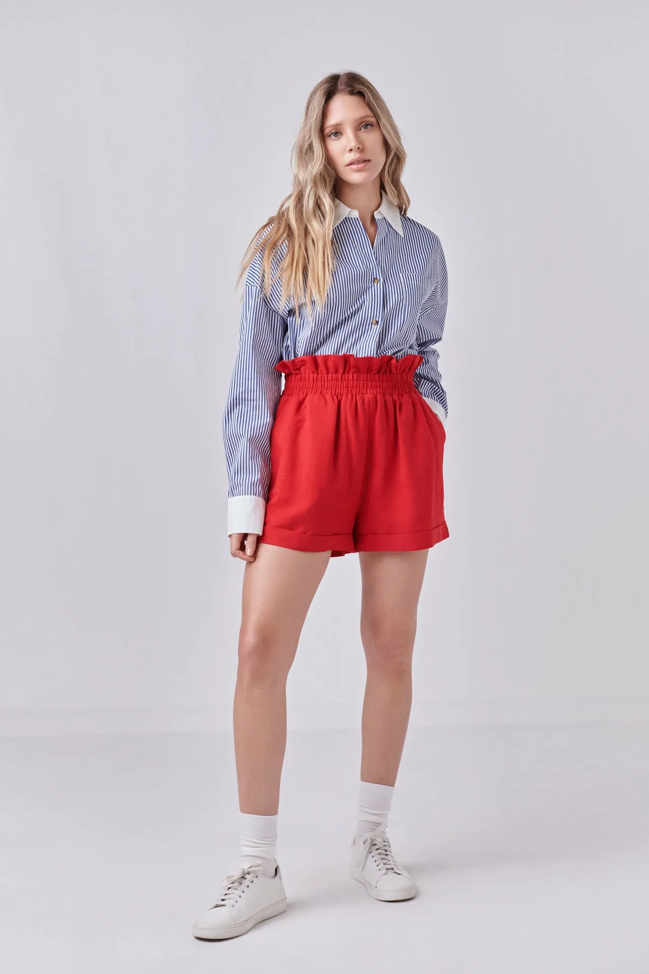 Red Linen Cuffed Shorts