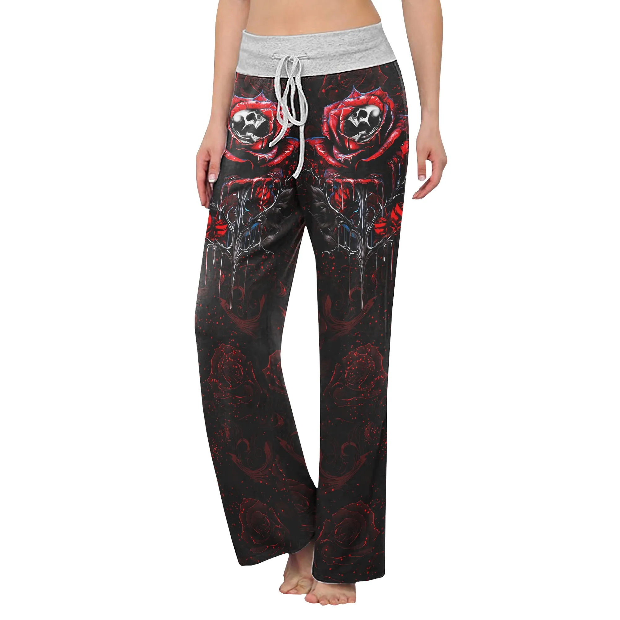 Rose Skull Silver Gothic Women's High-waisted Wide Leg Pants