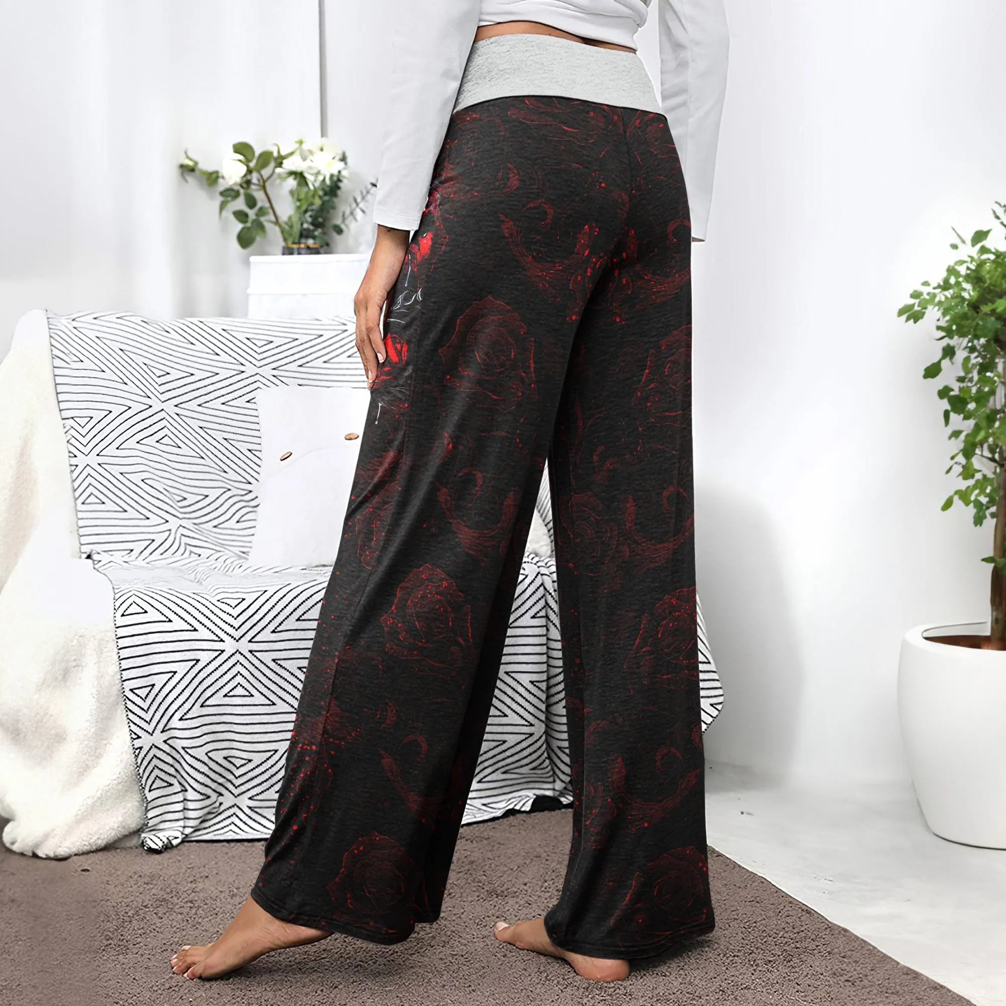 Rose Skull Silver Gothic Women's High-waisted Wide Leg Pants