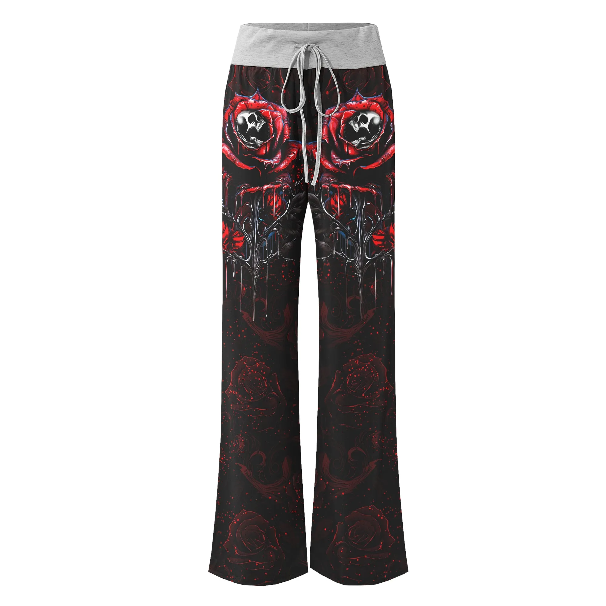 Rose Skull Silver Gothic Women's High-waisted Wide Leg Pants