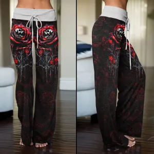 Rose Skull Silver Gothic Women's High-waisted Wide Leg Pants