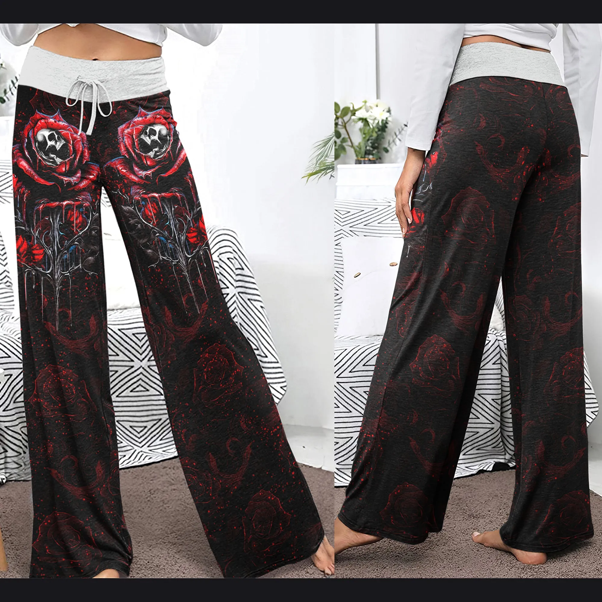 Rose Skull Silver Gothic Women's High-waisted Wide Leg Pants