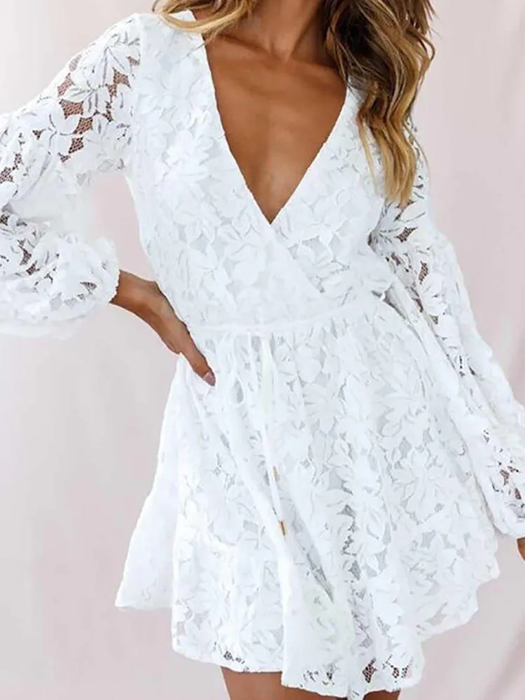 Sweet White Lace V Neck Short A-Line Dress