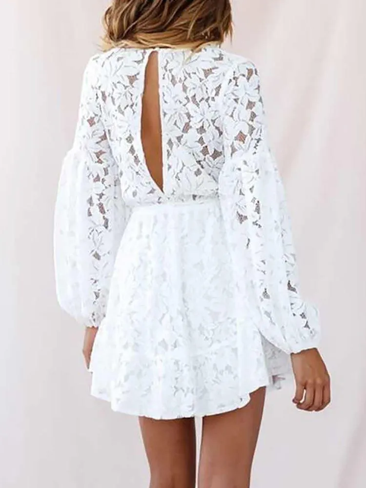 Sweet White Lace V Neck Short A-Line Dress