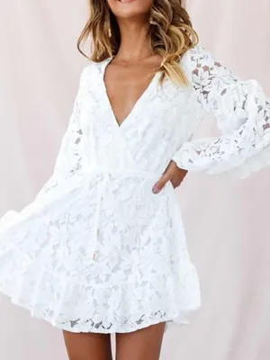 Sweet White Lace V Neck Short A-Line Dress