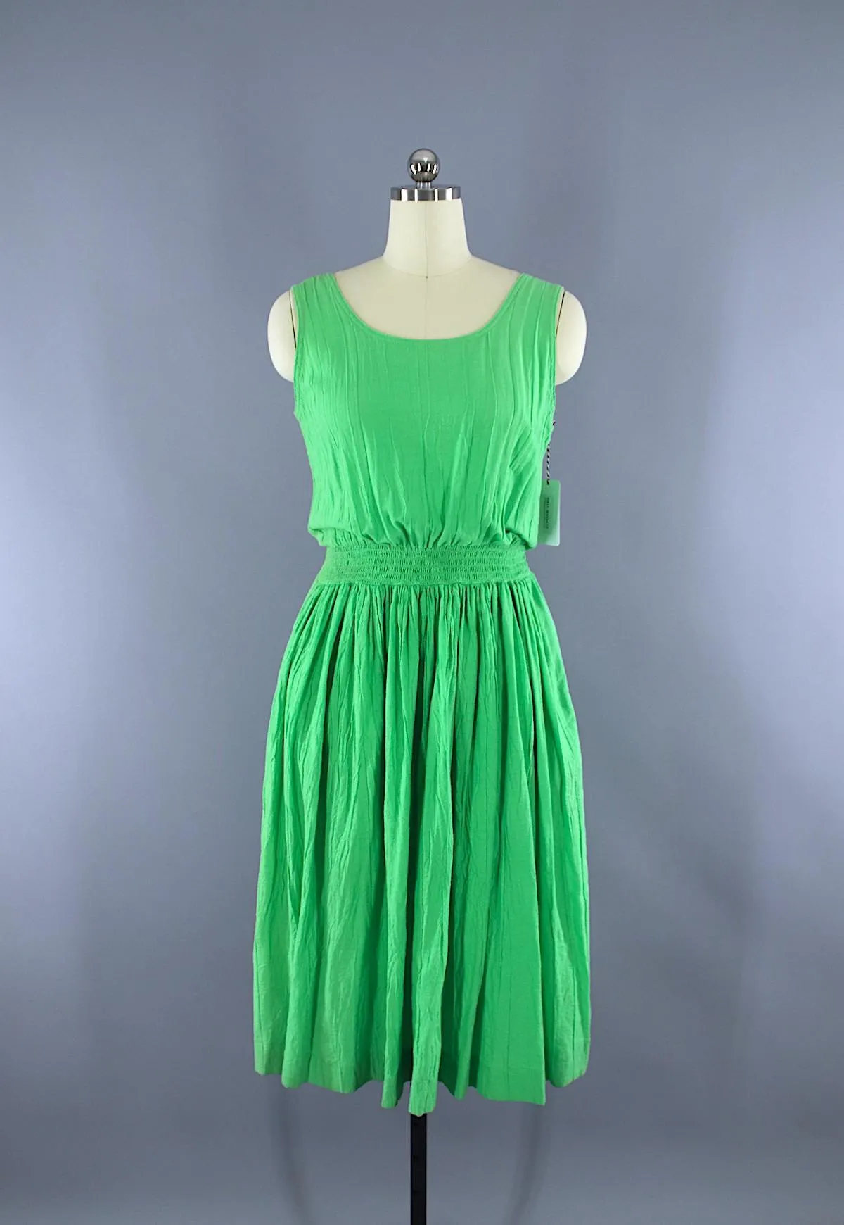 Vintage 1980s Cotton Gauze Dress / Bright Green Indian Cotton