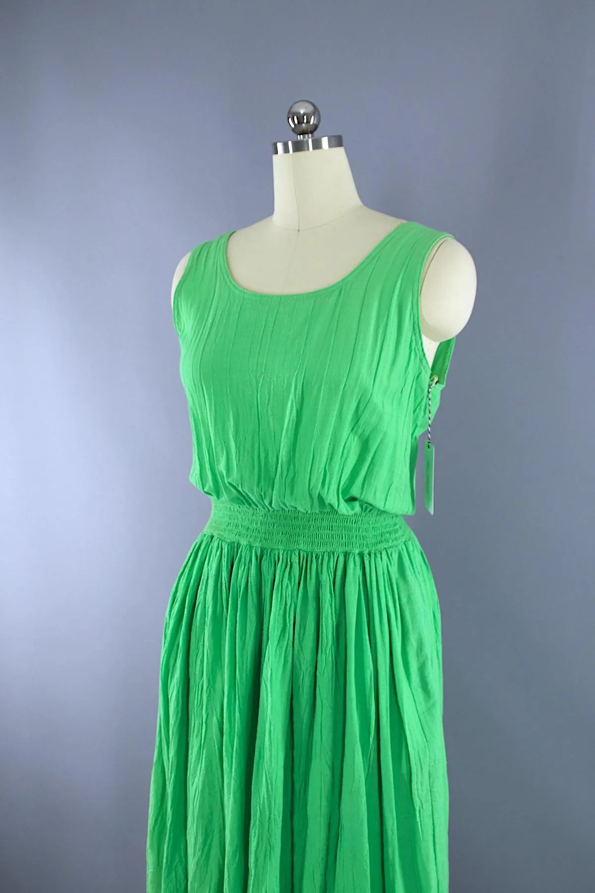 Vintage 1980s Cotton Gauze Dress / Bright Green Indian Cotton