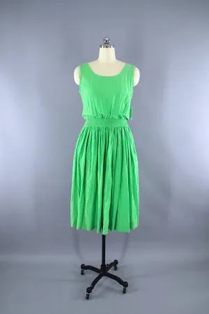 Vintage 1980s Cotton Gauze Dress / Bright Green Indian Cotton