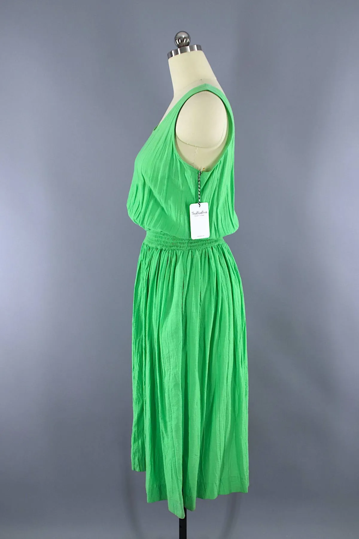 Vintage 1980s Cotton Gauze Dress / Bright Green Indian Cotton