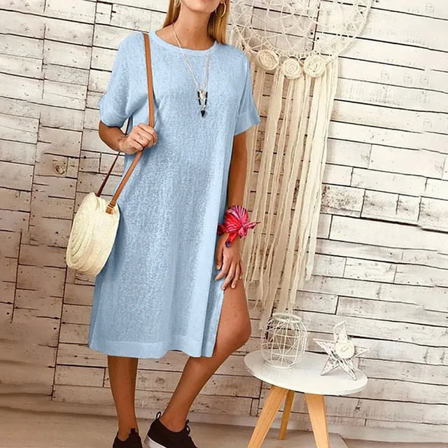 Women Summer Casual Split Solid Sundress