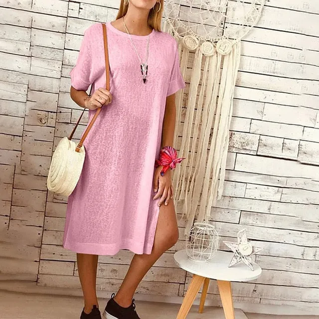 Women Summer Casual Split Solid Sundress