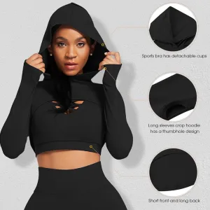 Women Three Yoga Suit Set High Waist Yoga Pants Long Sleeve Crop Top Hoodie Plain Tracksuit