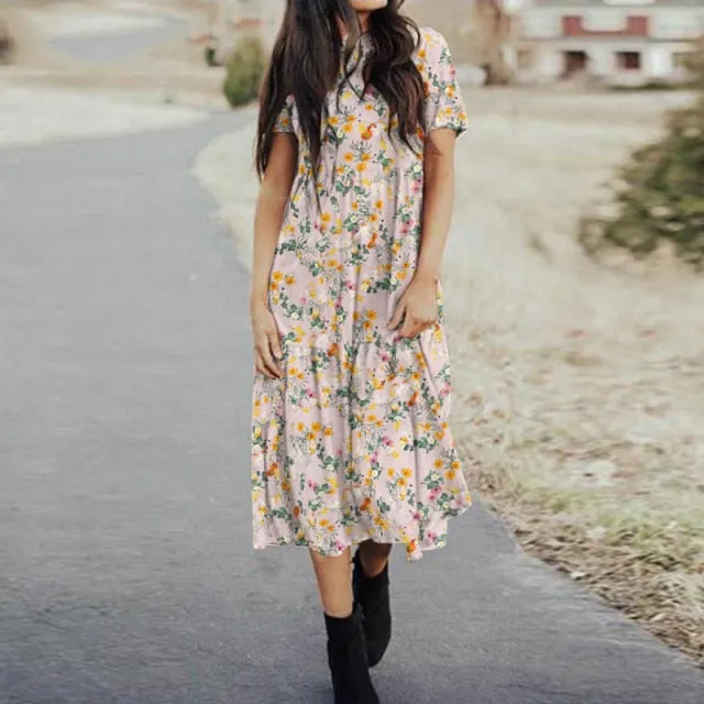 Yeknu Women Elegant Ruffles Dress Summer Sundress Casual Short Sleeve Solid Party Vestido Vintage Kaftan Dresses Femme Robe