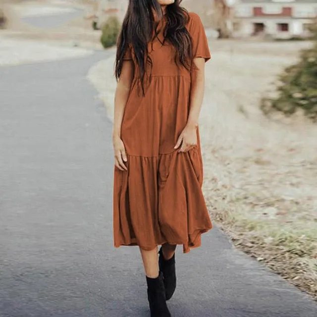 Yeknu Women Elegant Ruffles Dress Summer Sundress Casual Short Sleeve Solid Party Vestido Vintage Kaftan Dresses Femme Robe