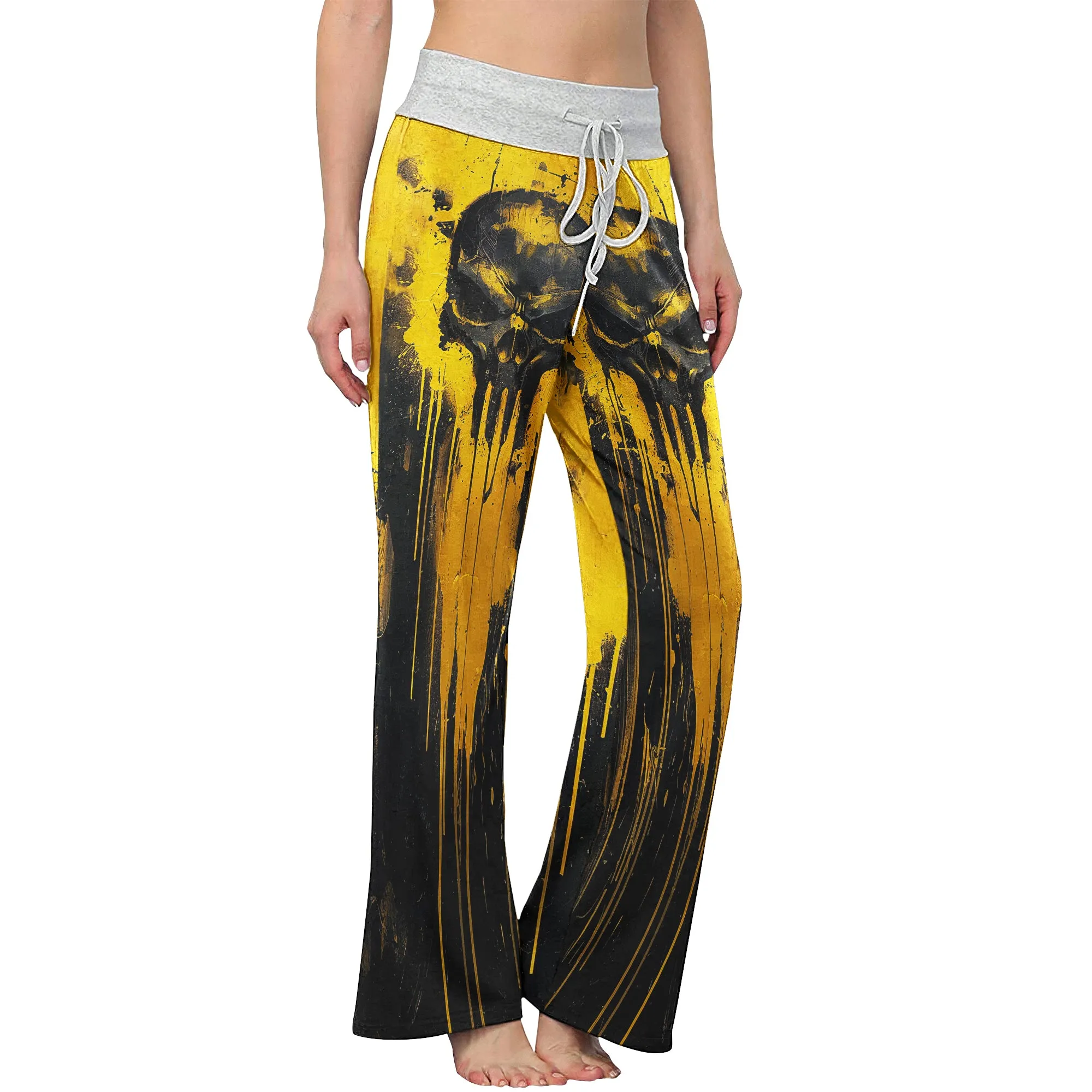 Yellow Abstract Scary Skull Women's High-waisted Wide Leg Pants