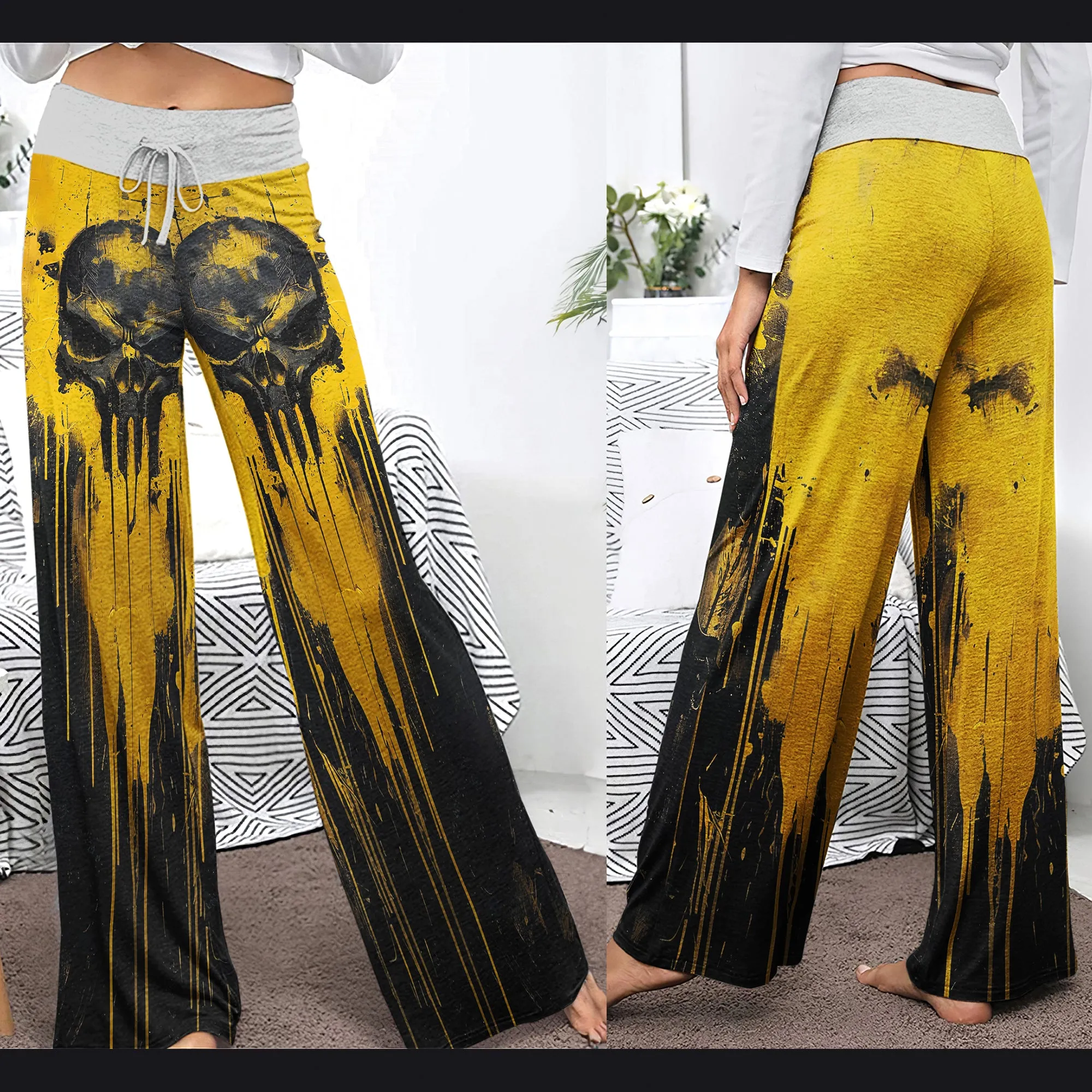 Yellow Abstract Scary Skull Women's High-waisted Wide Leg Pants