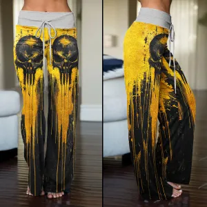 Yellow Abstract Scary Skull Women's High-waisted Wide Leg Pants