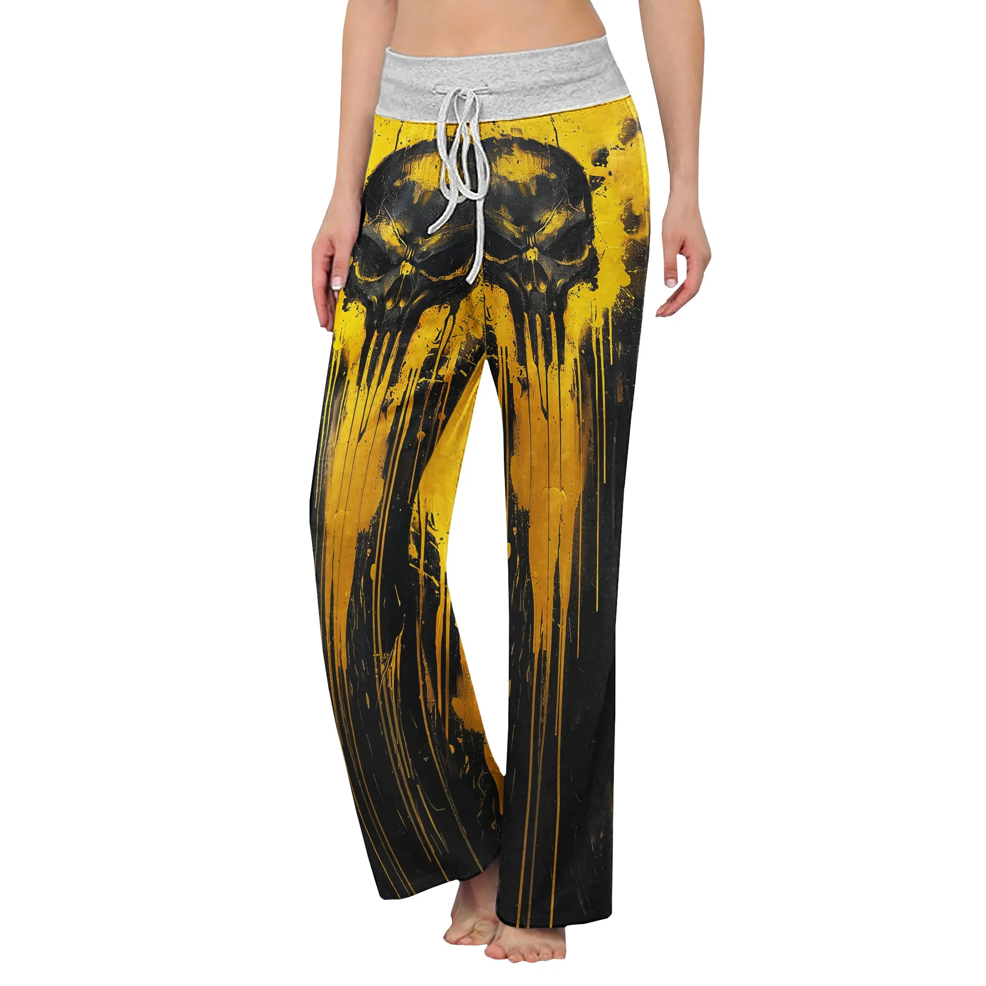 Yellow Abstract Scary Skull Women's High-waisted Wide Leg Pants