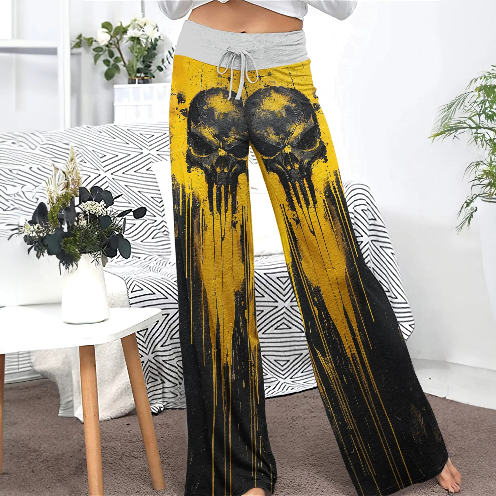 Yellow Abstract Scary Skull Women's High-waisted Wide Leg Pants