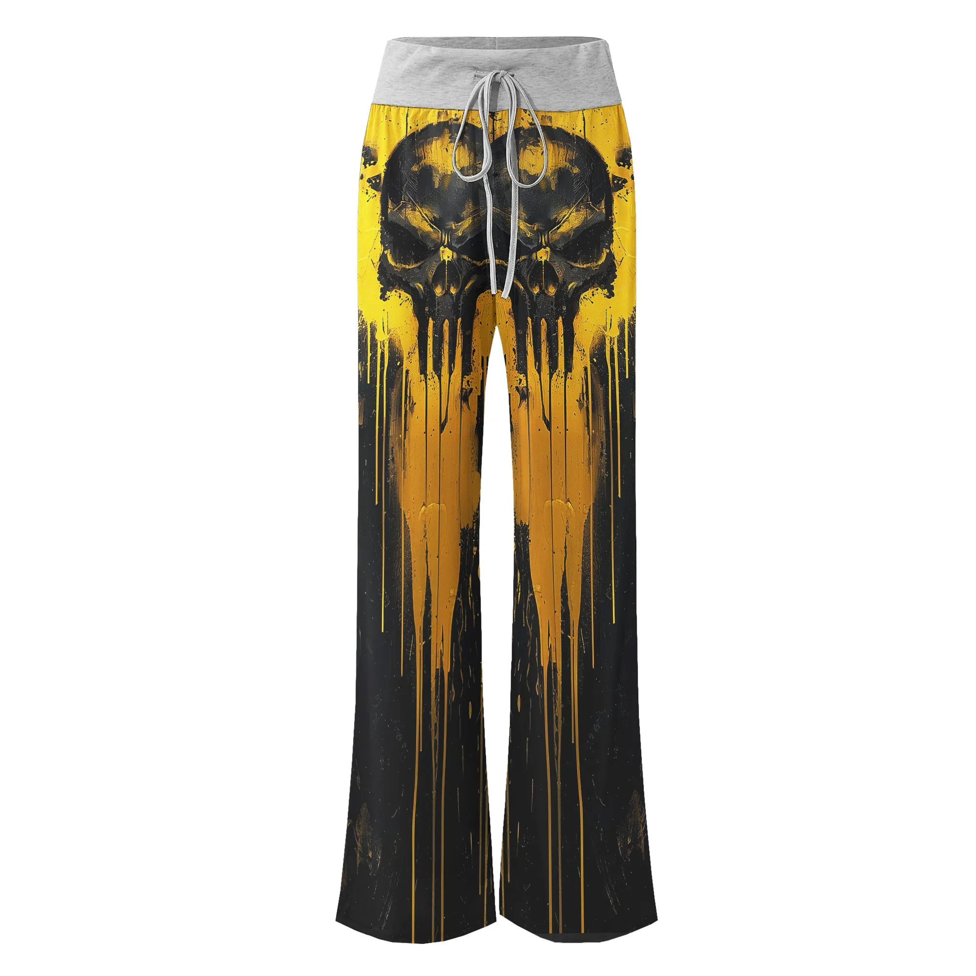 Yellow Abstract Scary Skull Women's High-waisted Wide Leg Pants