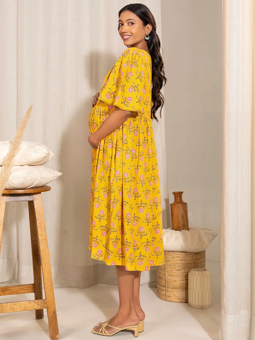 Yellow Cotton Floral Fit & Flare Maternity Dress